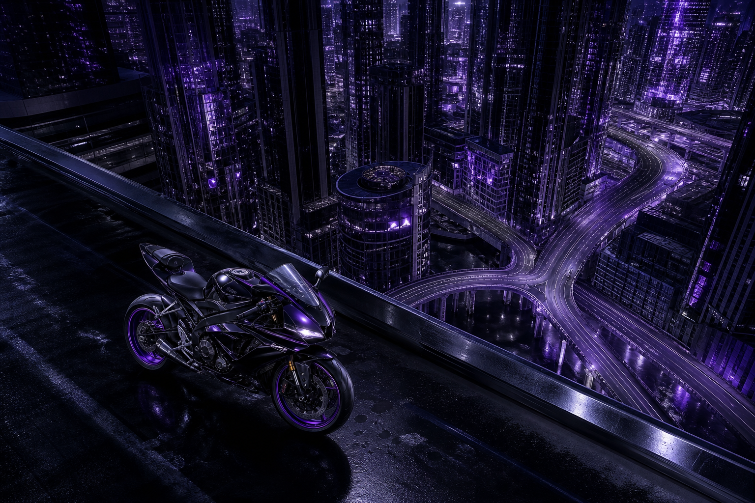 Purple Futuristic Megacity Skyline Motorcycles Wallpaper  6 4K