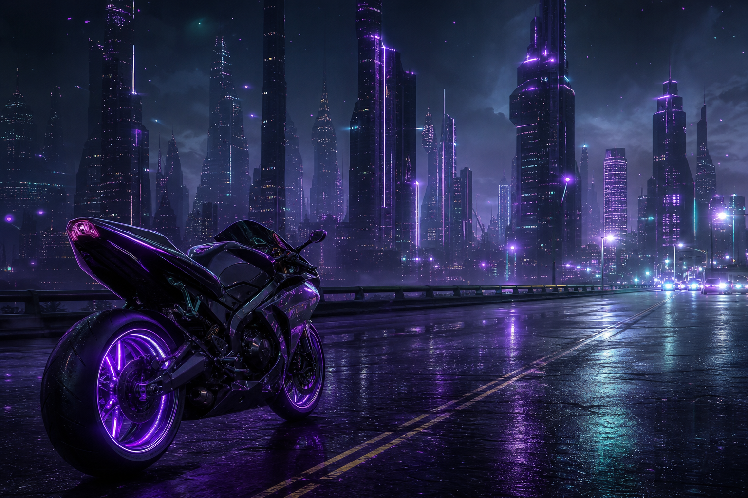 Purple Futuristic Megacity Skyline Motorcycles Wallpaper  6 4K