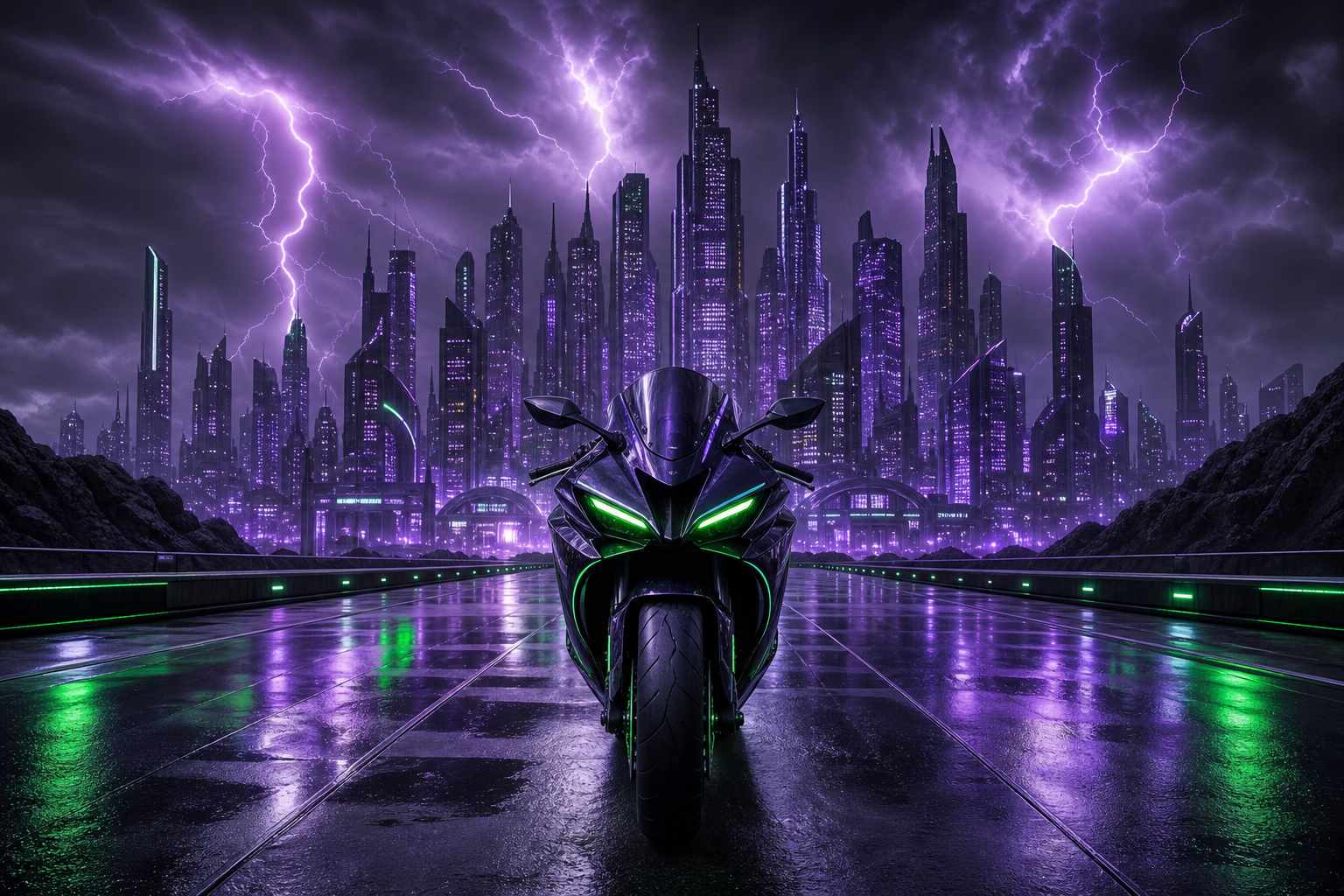 Purple Futuristic Megacity Skyline Motorcycles Wallpaper  6 4K