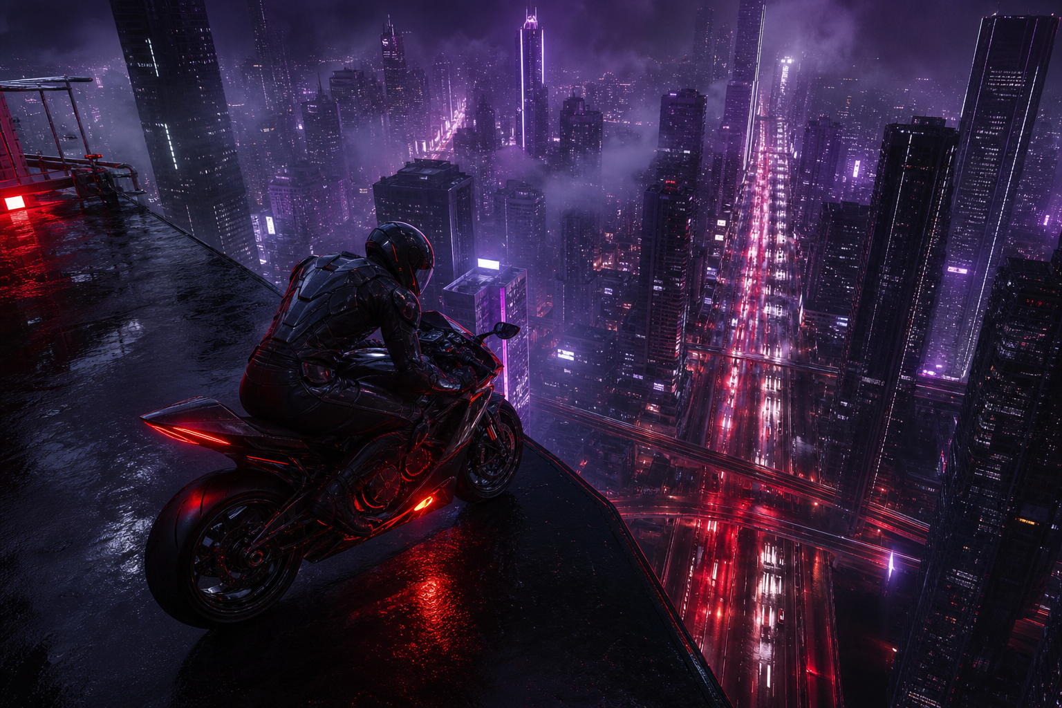 Purple Futuristic Megacity Skyline Motorcycles Wallpaper  6 4K