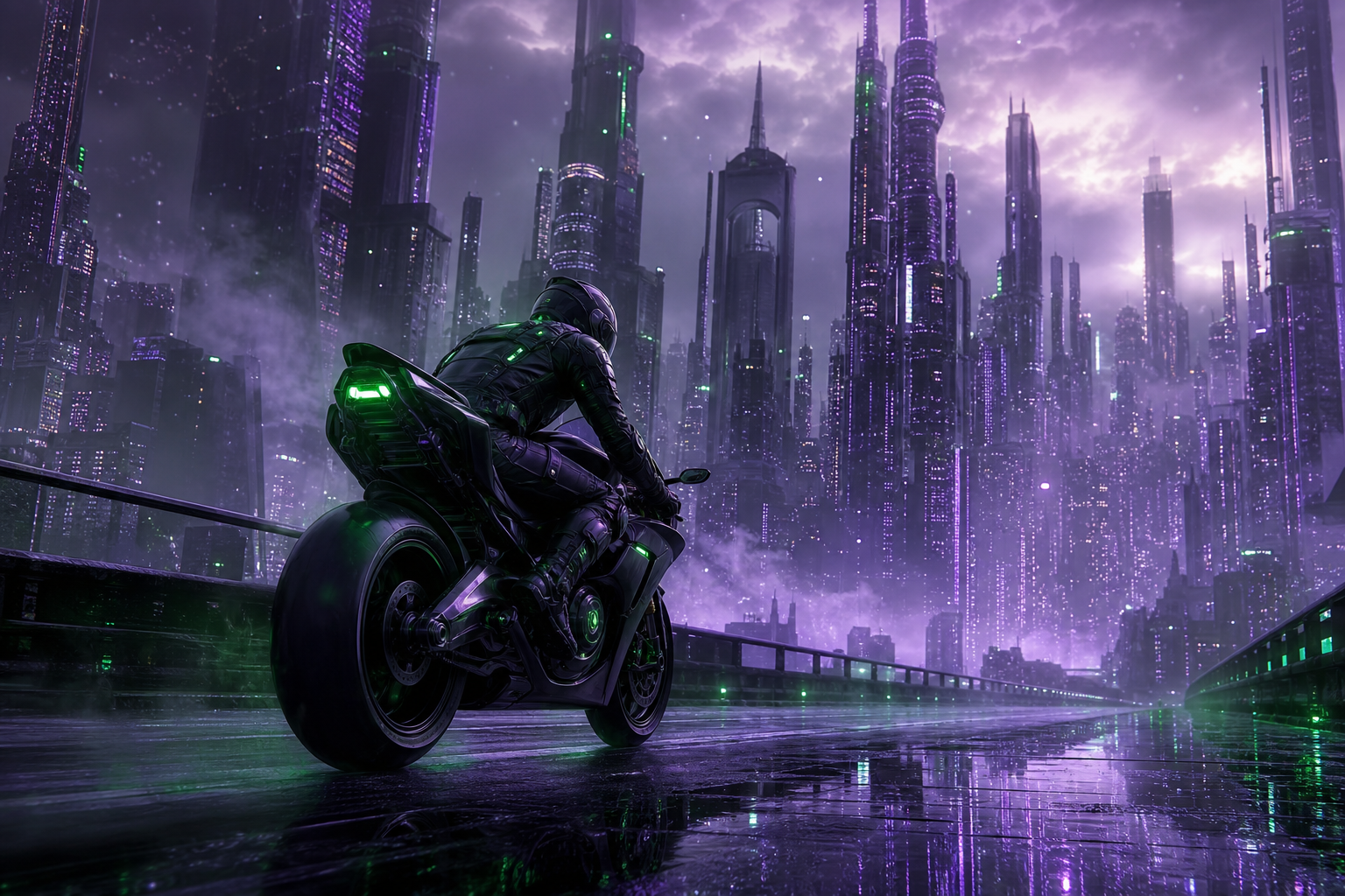Purple Futuristic Megacity Skyline Motorcycles Wallpaper  6 4K