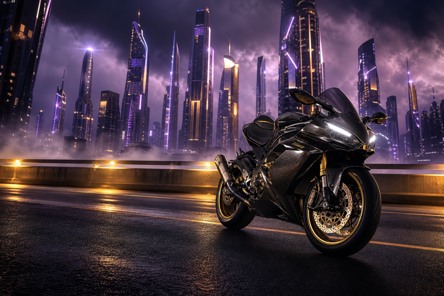 Purple Futuristic Megacity Skyline Motorcycles Wallpaper  6 4K