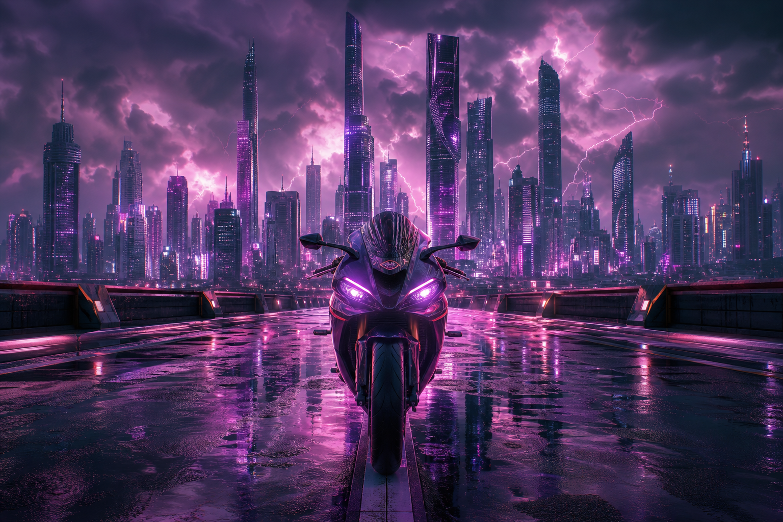 Purple Futuristic Megacity Skyline Motorcycles Wallpaper  6 4K