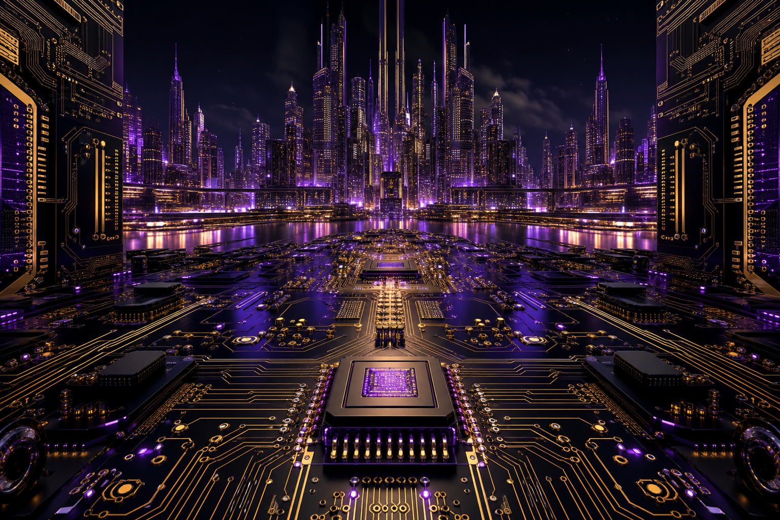 Purple Futuristic Megacity Skyline Pcb-Design Wallpaper  6 4K