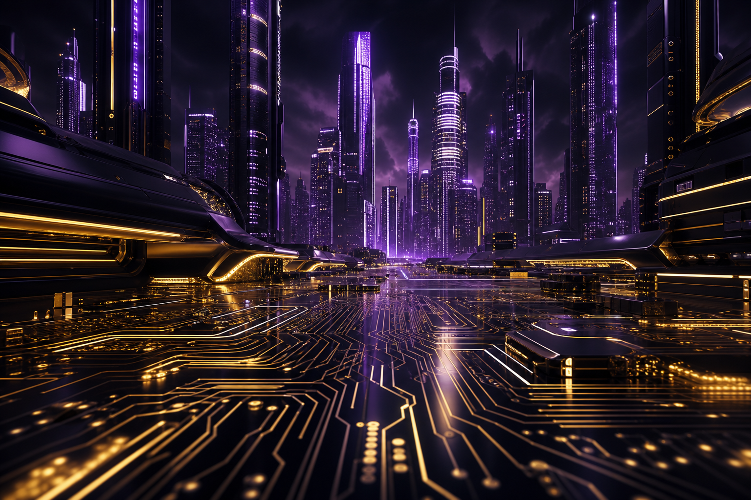 Purple Futuristic Megacity Skyline Pcb-Design Wallpaper  6 4K