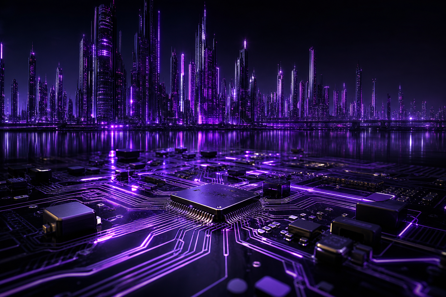 Purple Futuristic Megacity Skyline Pcb-Design Wallpaper  6 4K