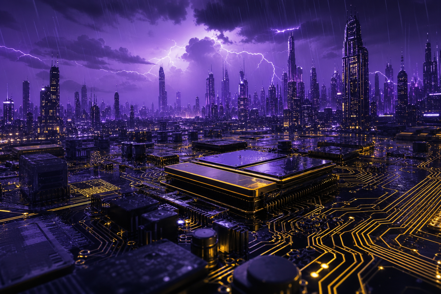 Purple Futuristic Megacity Skyline Pcb-Design Wallpaper  6 4K