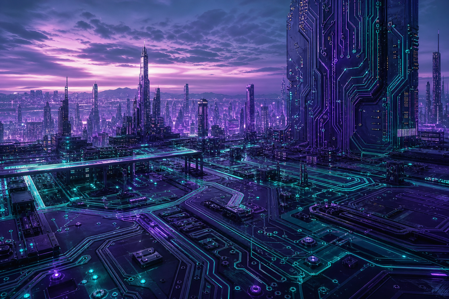 Purple Futuristic Megacity Skyline Pcb-Design Wallpaper  6 4K