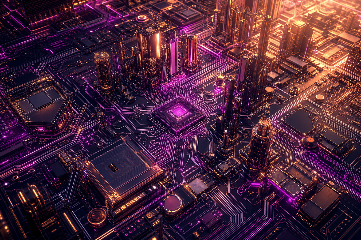 Purple Futuristic Megacity Skyline Pcb-Design Wallpaper  6 4K
