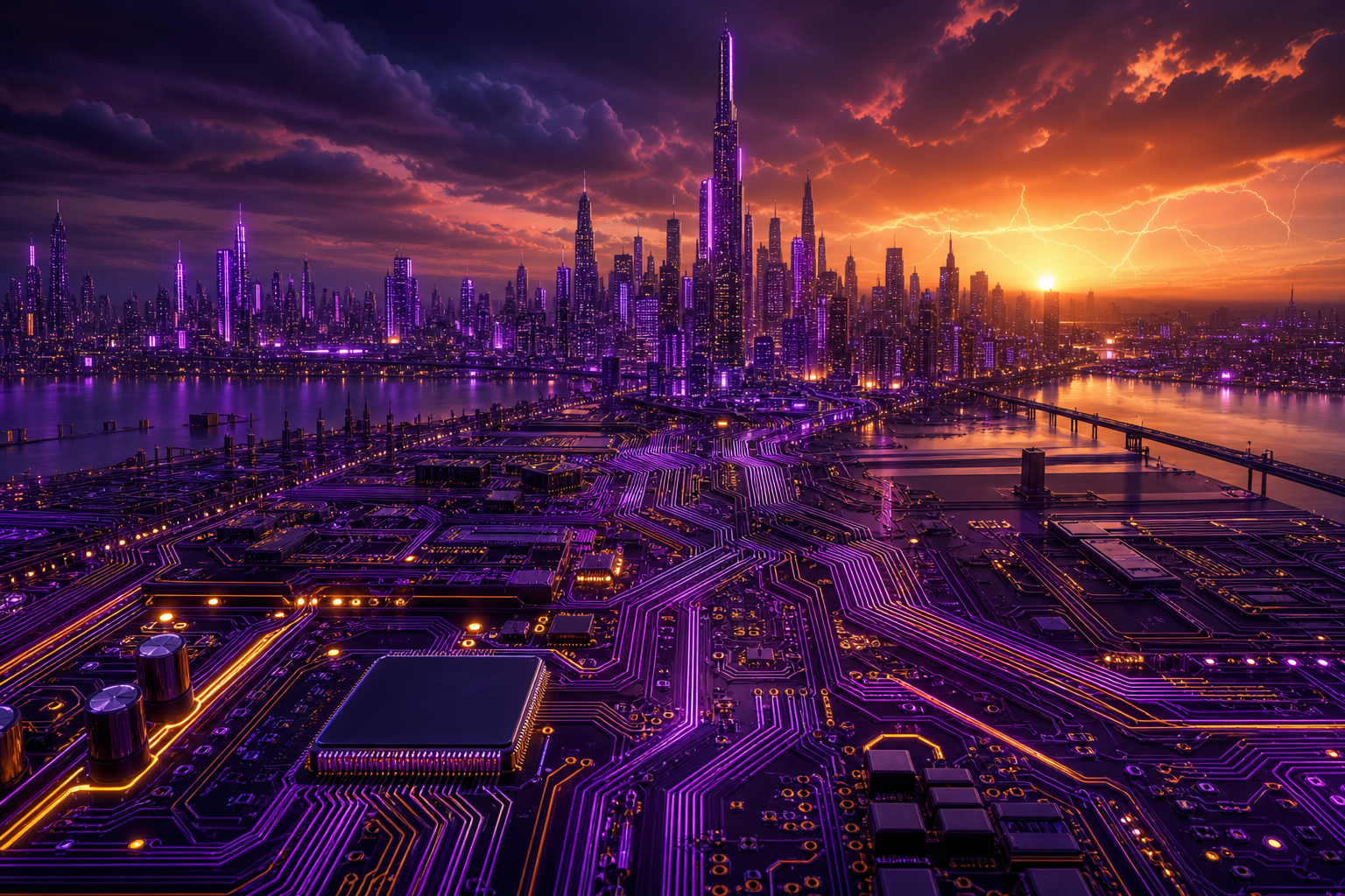 Purple Futuristic Megacity Skyline Pcb-Design Wallpaper  6 4K