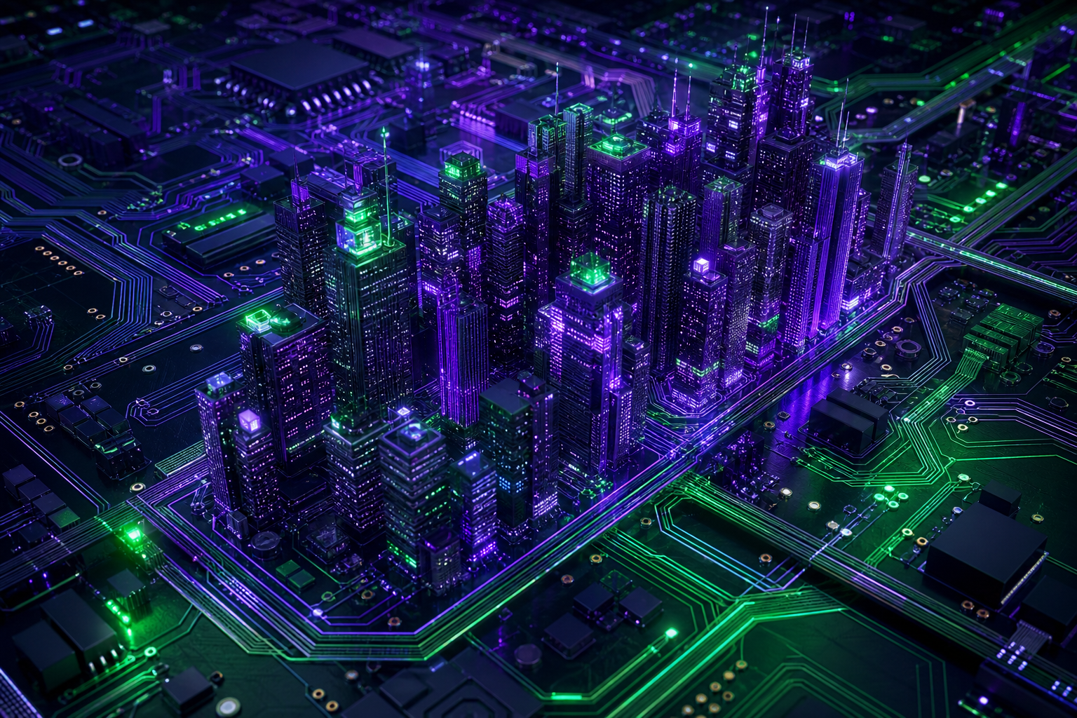 Purple Futuristic Megacity Skyline Pcb-Design Wallpaper  6 4K