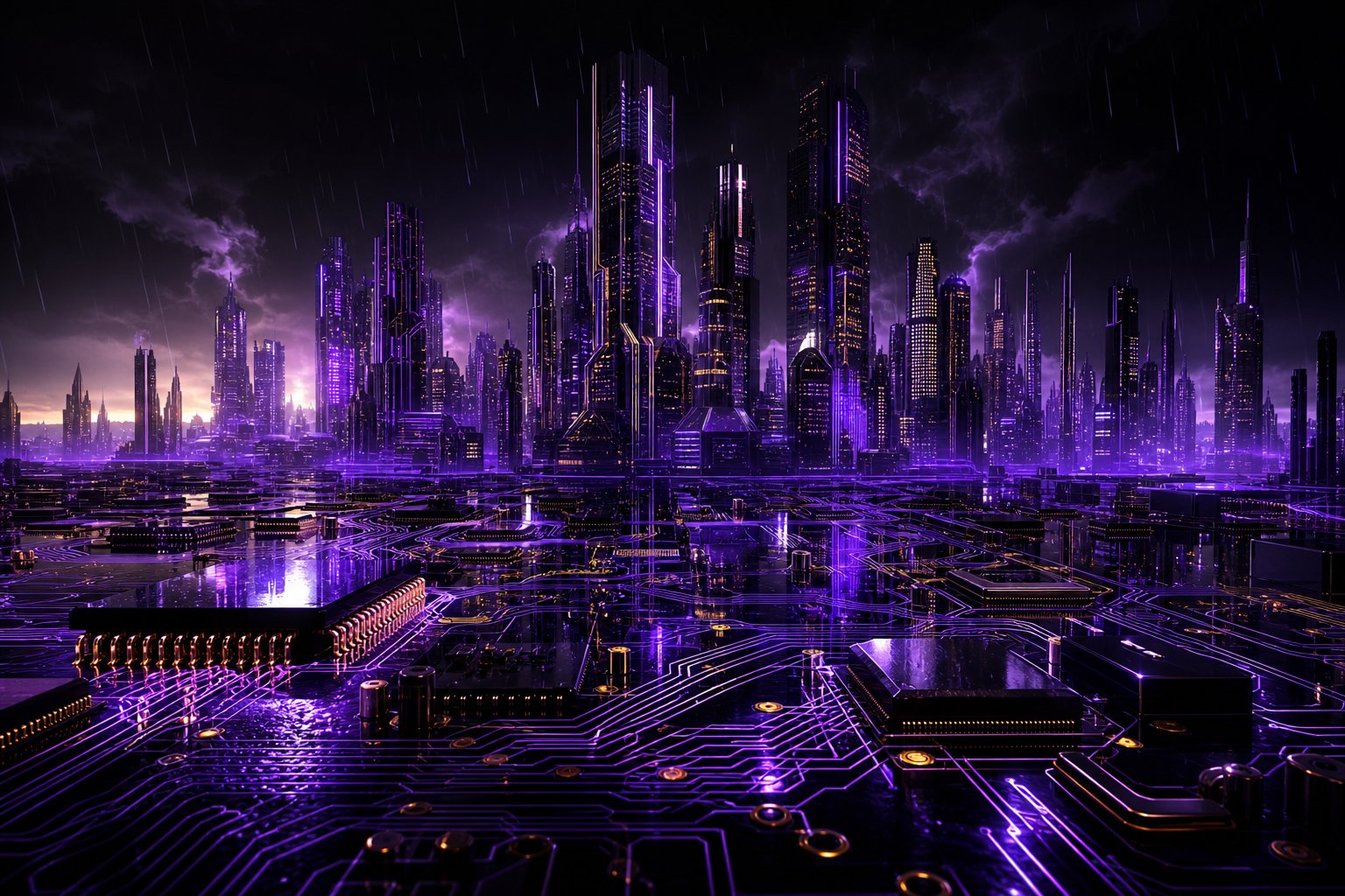 Purple Futuristic Megacity Skyline Pcb-Design Wallpaper  6 4K