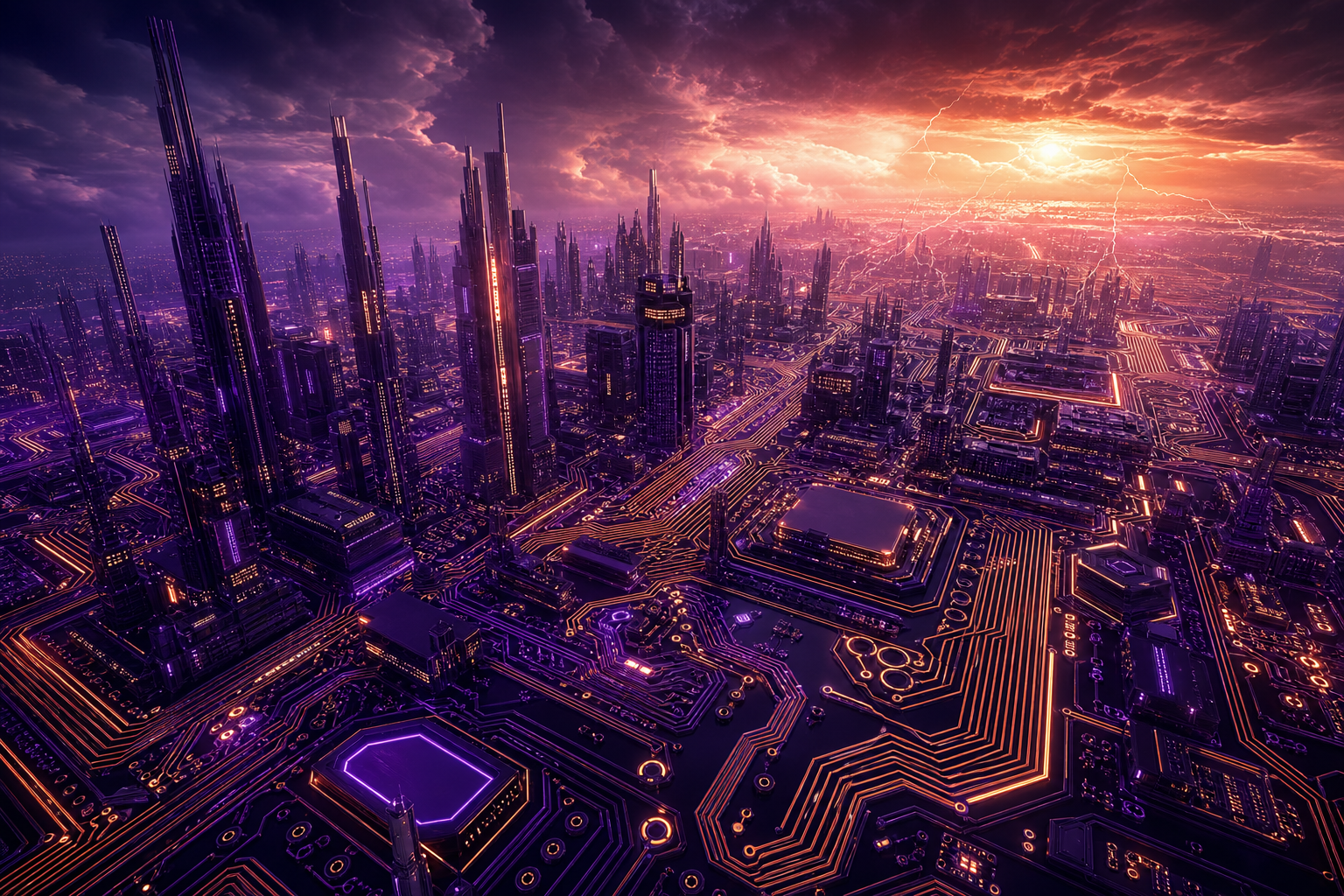 Purple Futuristic Megacity Skyline Pcb Design Wallpaper 6 4K 16 4K Pcb Design Wallpaper