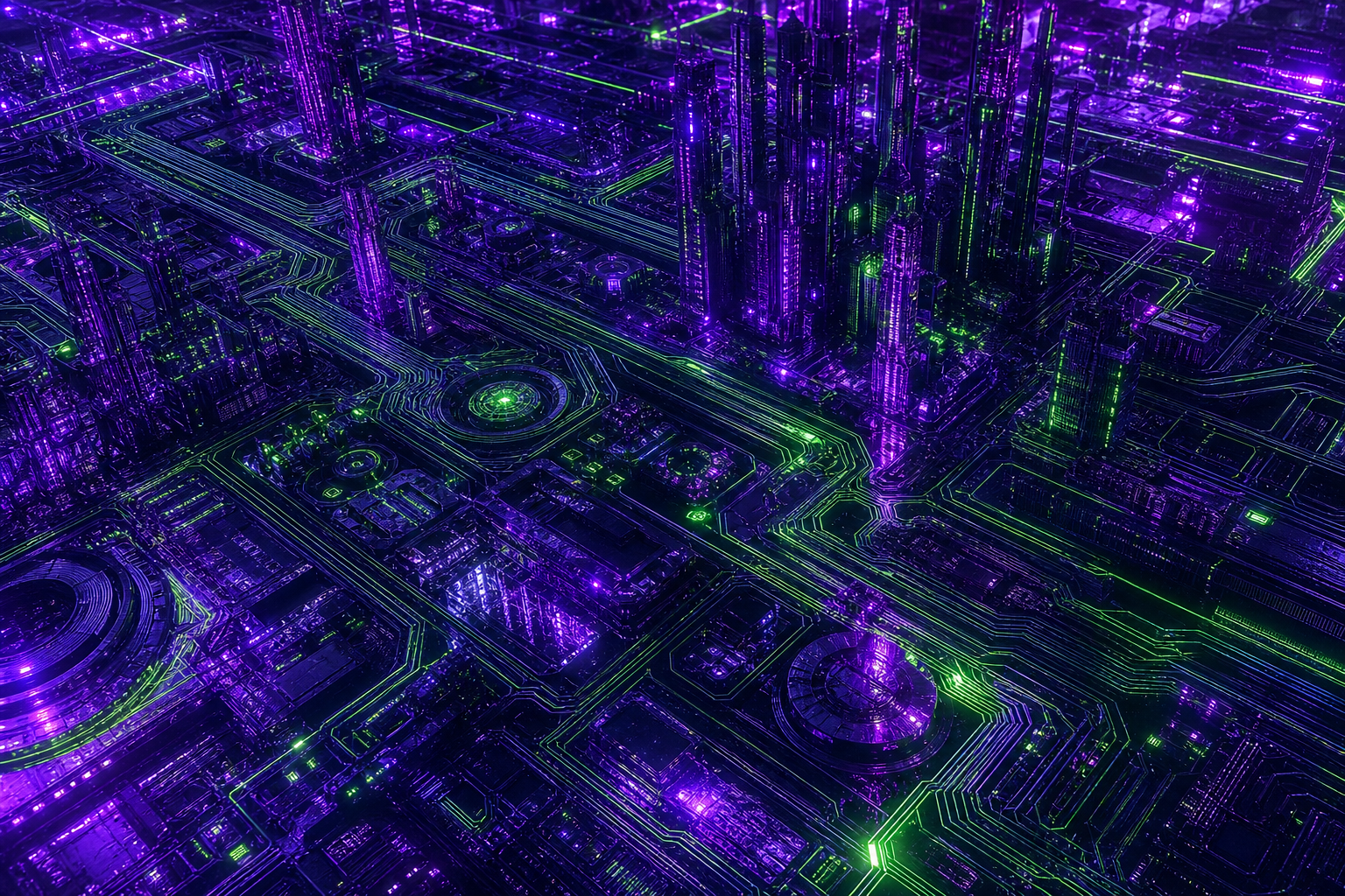 Purple Futuristic Megacity Skyline Pcb-Design Wallpaper  6 4K