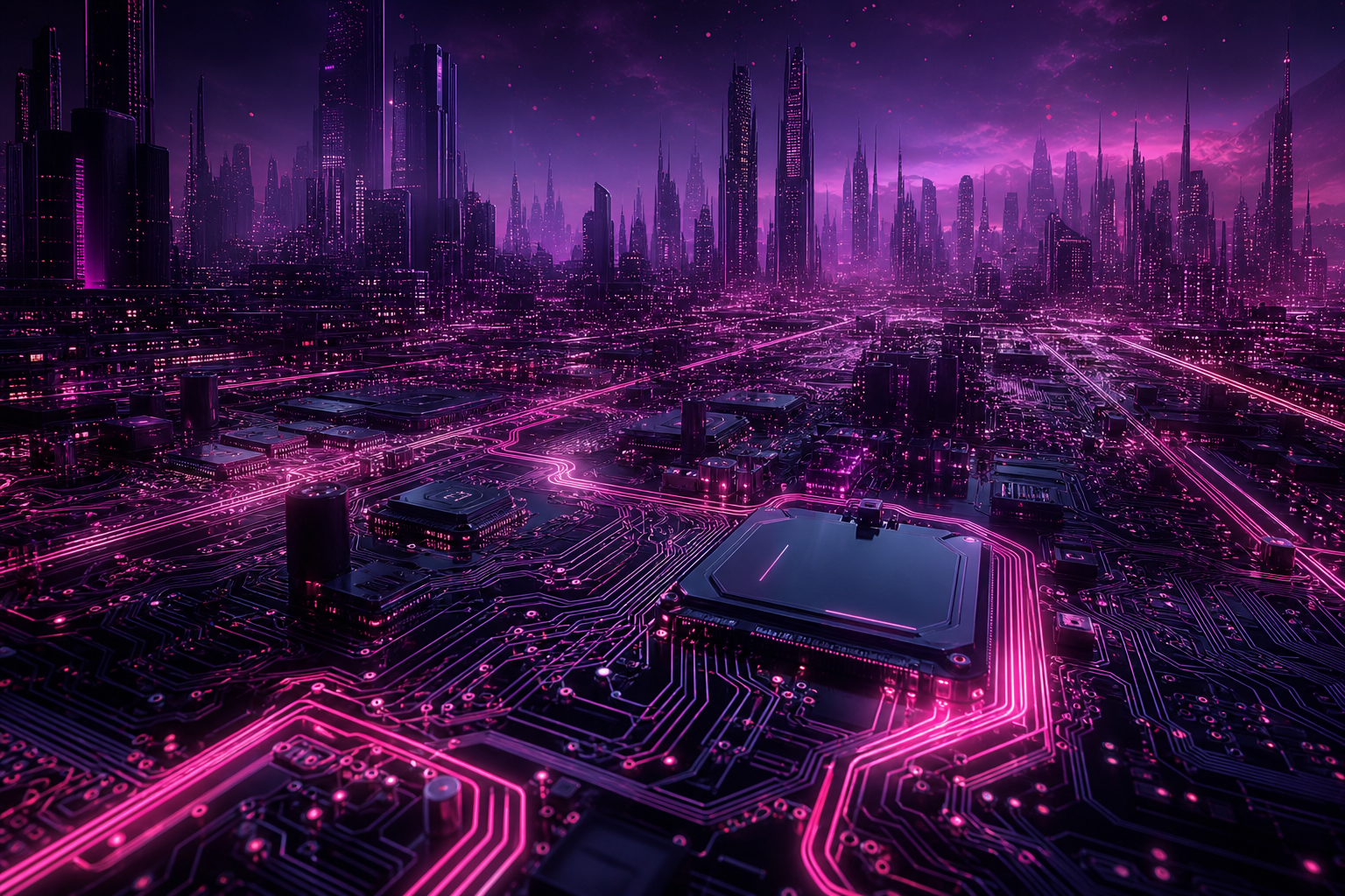 Purple Futuristic Megacity Skyline Pcb-Design Wallpaper  6 4K