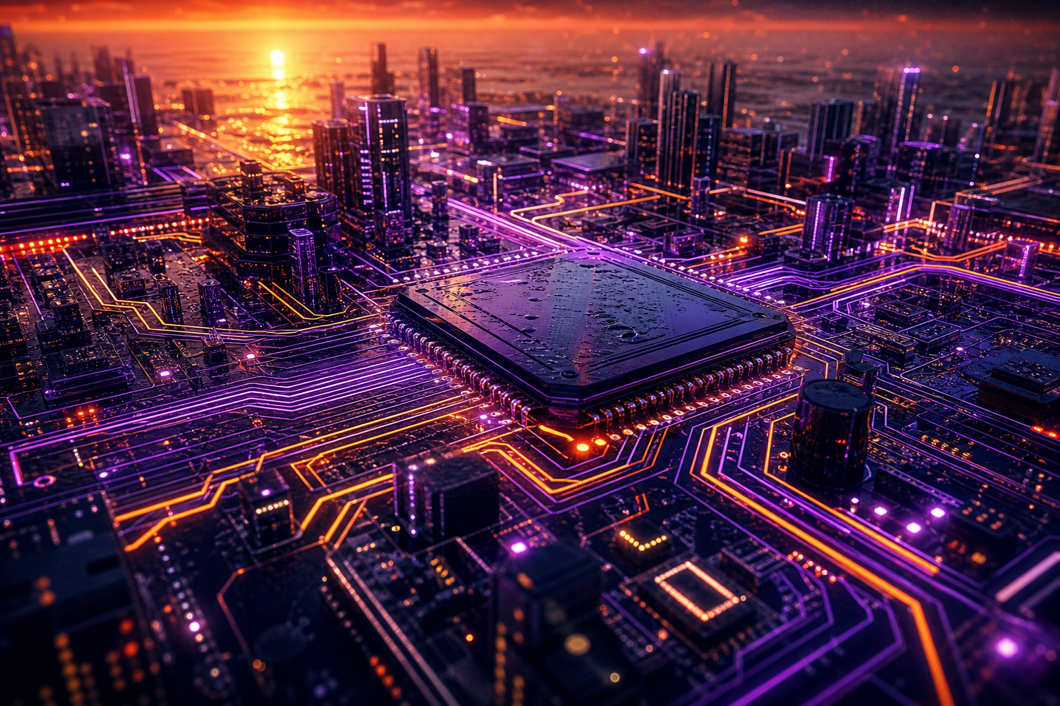 Purple Futuristic Megacity Skyline Pcb-Design Wallpaper  6 4K