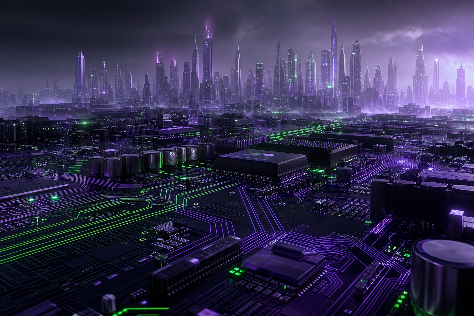 Purple Futuristic Megacity Skyline Pcb-Design Wallpaper  6 4K