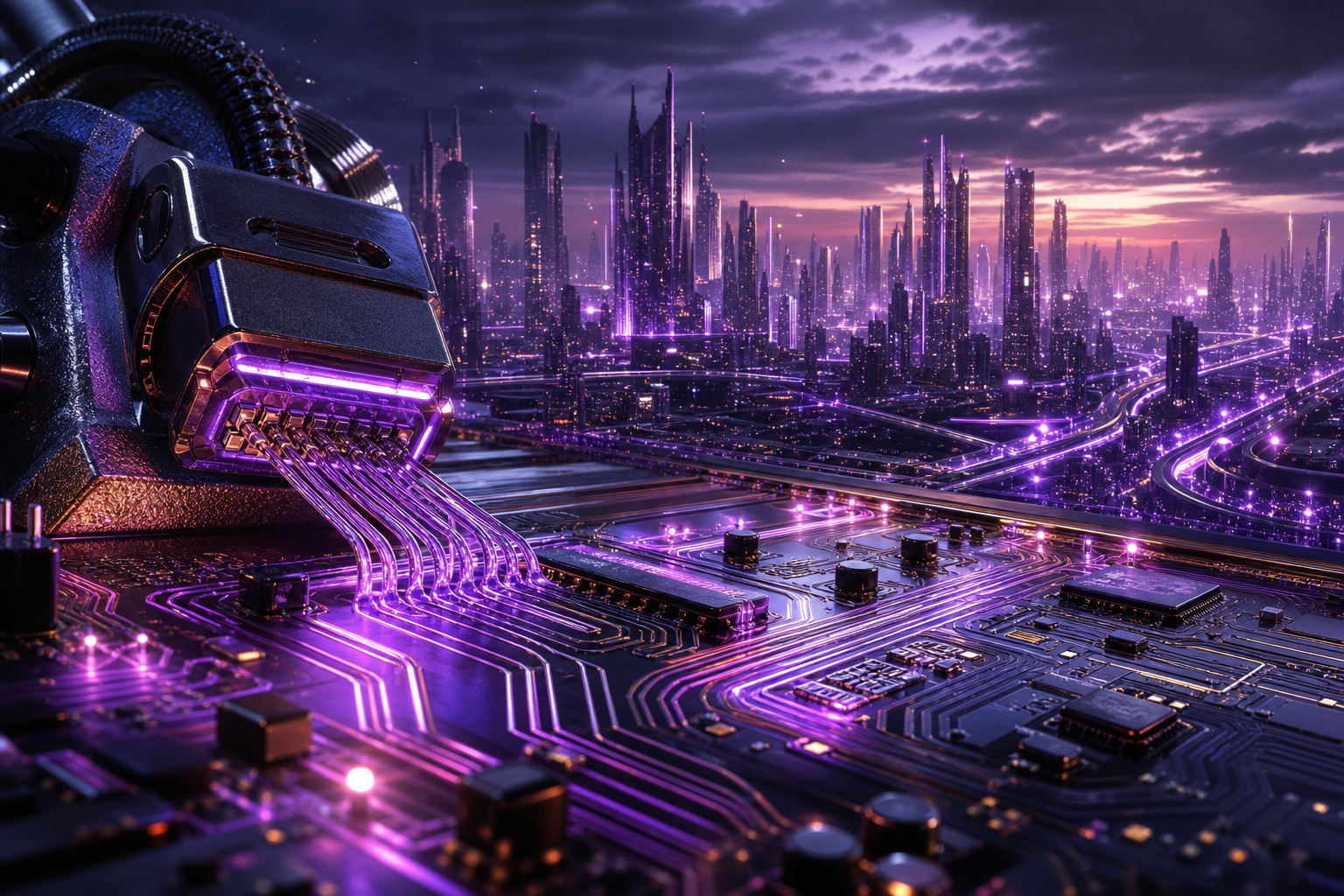 Purple Futuristic Megacity Skyline Pcb-Design Wallpaper  6 4K