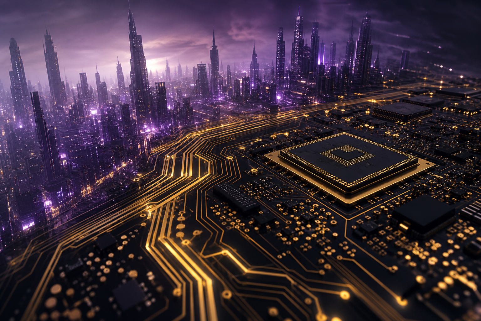 Purple Futuristic Megacity Skyline Pcb-Design Wallpaper  6 4K