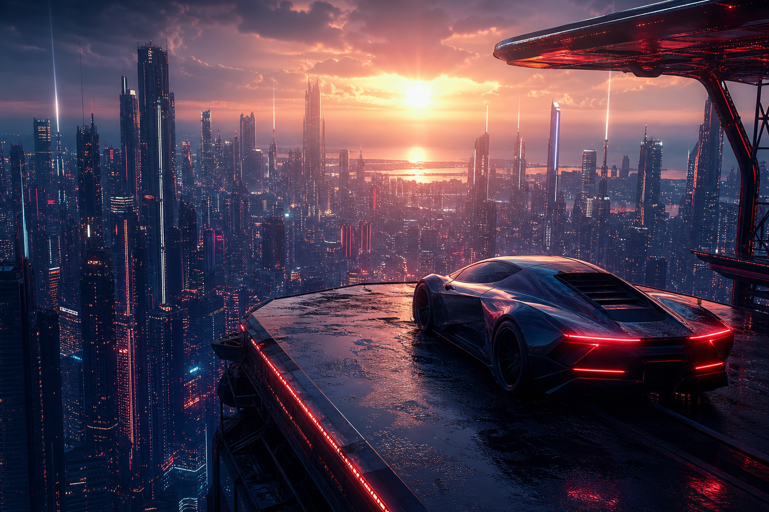Purple Futuristic Megacity Skyline Supercars Wallpaper  6 4K