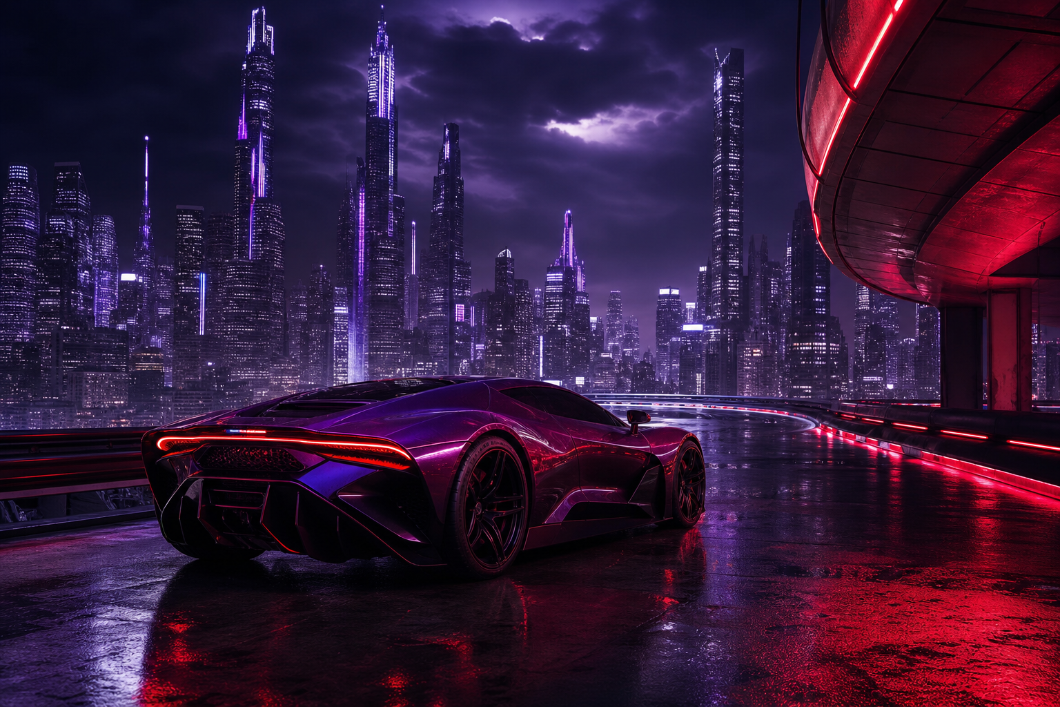 Purple Futuristic Megacity Skyline Supercars Wallpaper  6 4K