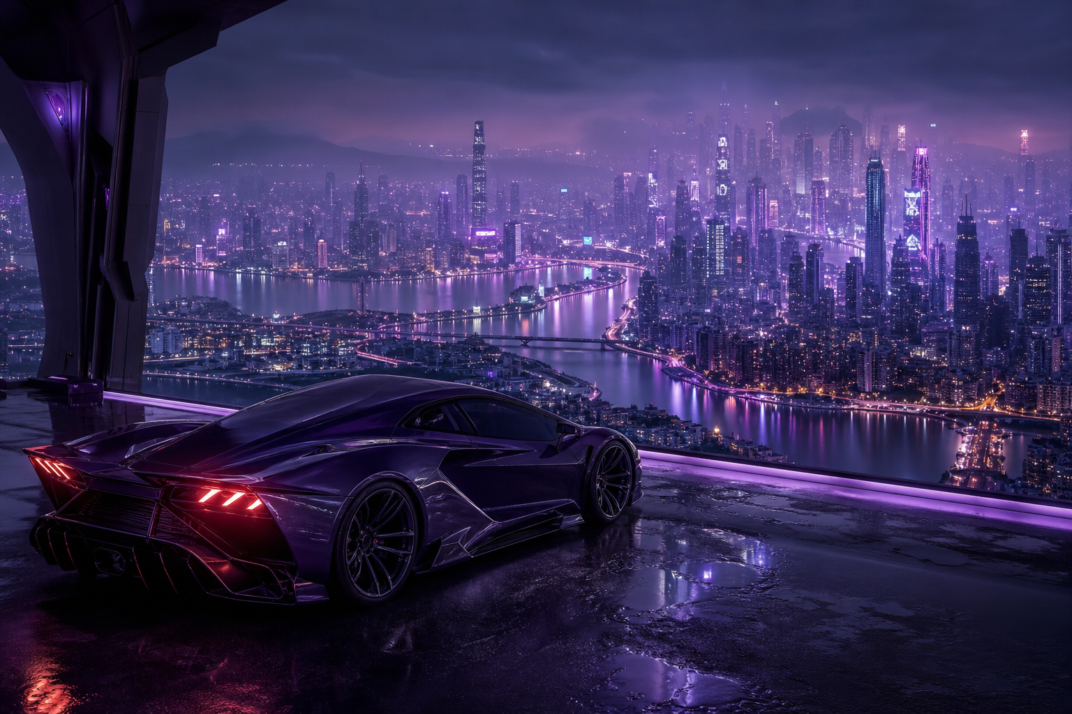 Purple Futuristic Megacity Skyline Supercars Wallpaper  6 4K
