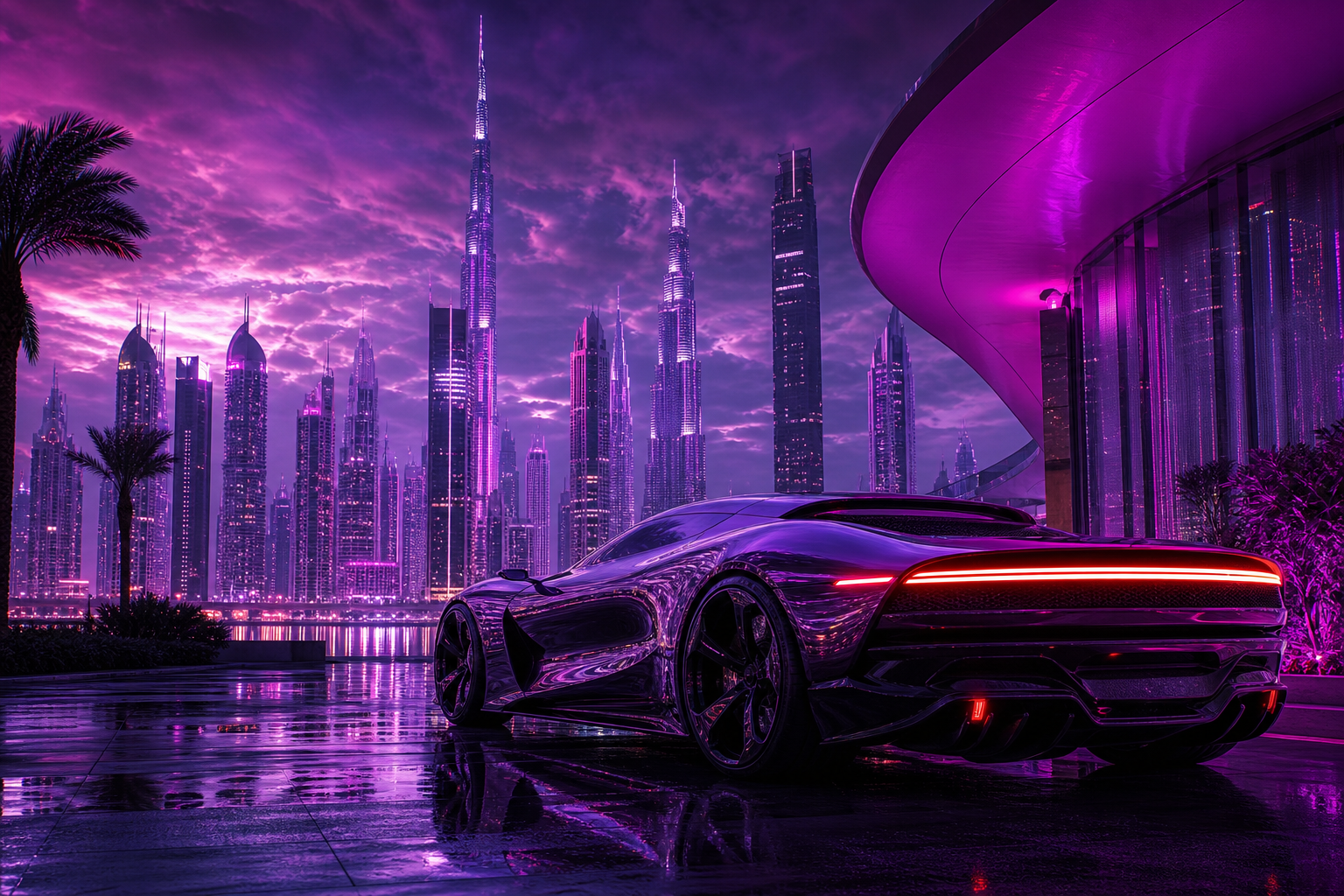 Purple Futuristic Megacity Skyline Supercars Wallpaper  6 4K