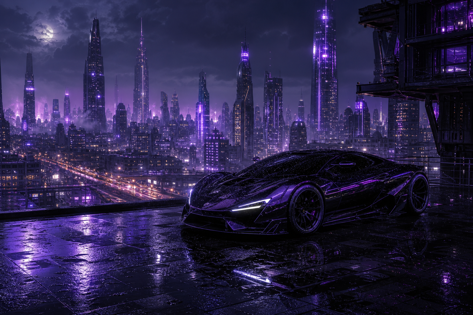 Purple Futuristic Megacity Skyline Supercars Wallpaper  6 4K