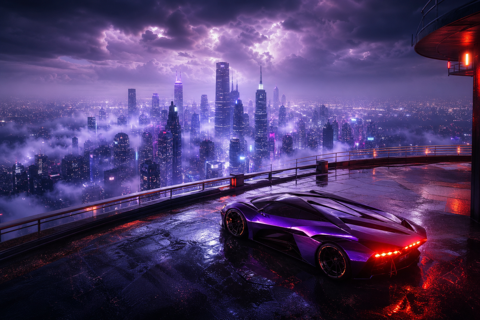 Purple Futuristic Megacity Skyline Supercars Wallpaper  6 4K