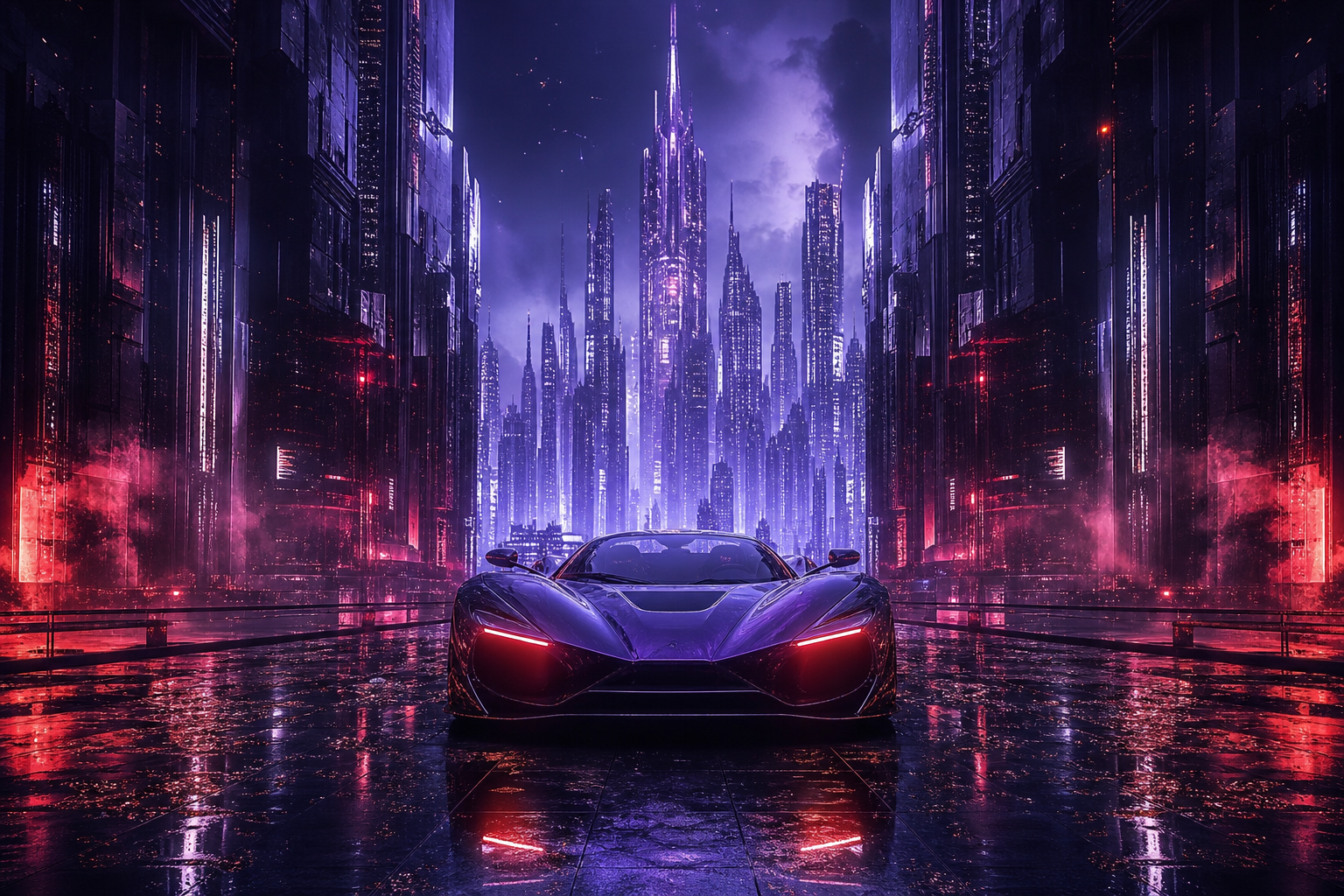 Purple Futuristic Megacity Skyline Supercars Wallpaper  6 4K
