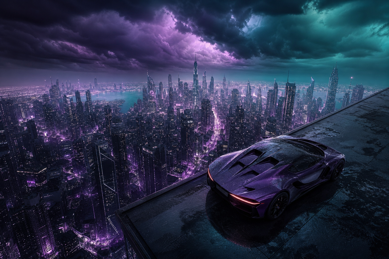 Purple Futuristic Megacity Skyline Supercars Wallpaper  6 4K