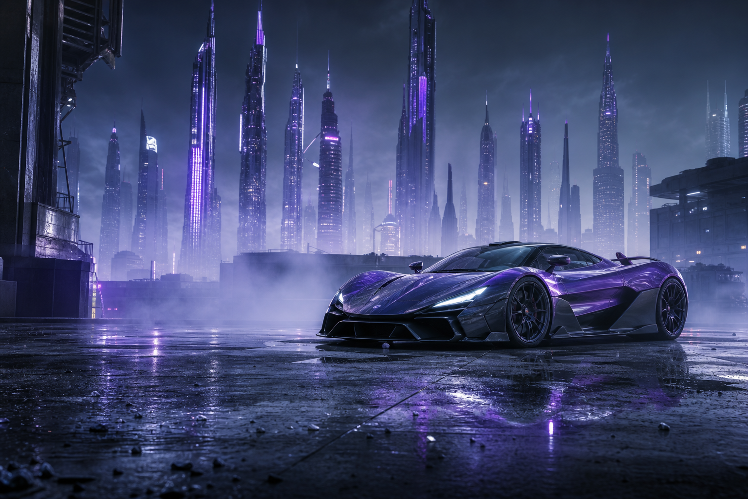 Purple Futuristic Megacity Skyline Supercars Wallpaper  6 4K