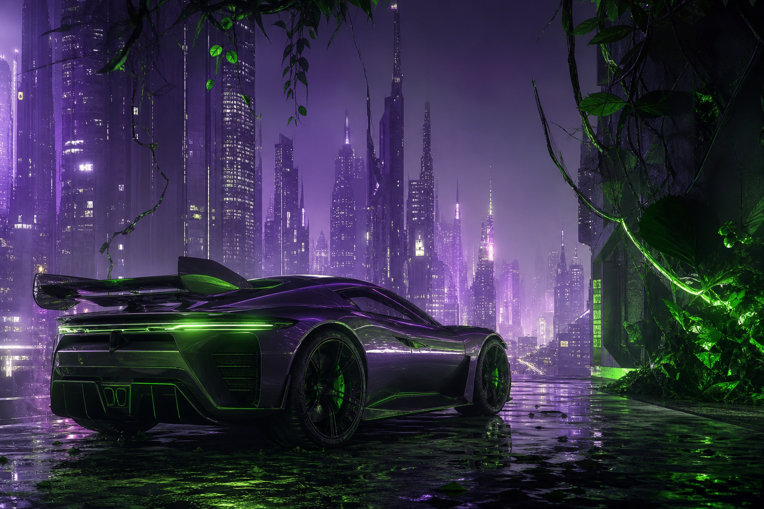 Purple Futuristic Megacity Skyline Supercars Wallpaper  6 4K