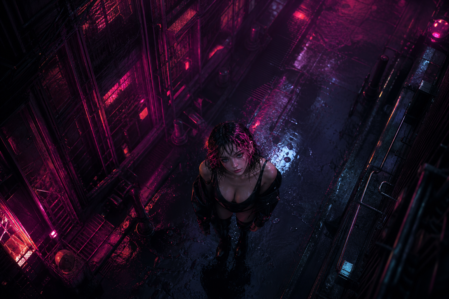 Rainy Neon Alley With Reflections Ai-Girls Wallpaper  4 4K