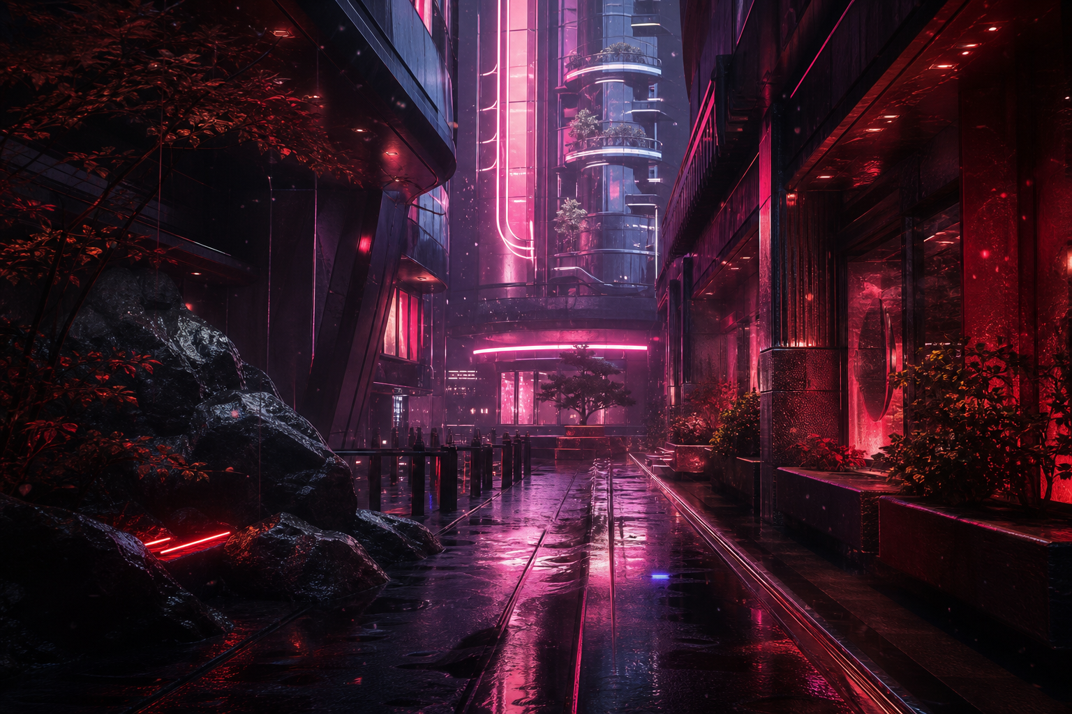 Rainy Neon Alley With Reflections Architecture Wallpaper  4 4K
