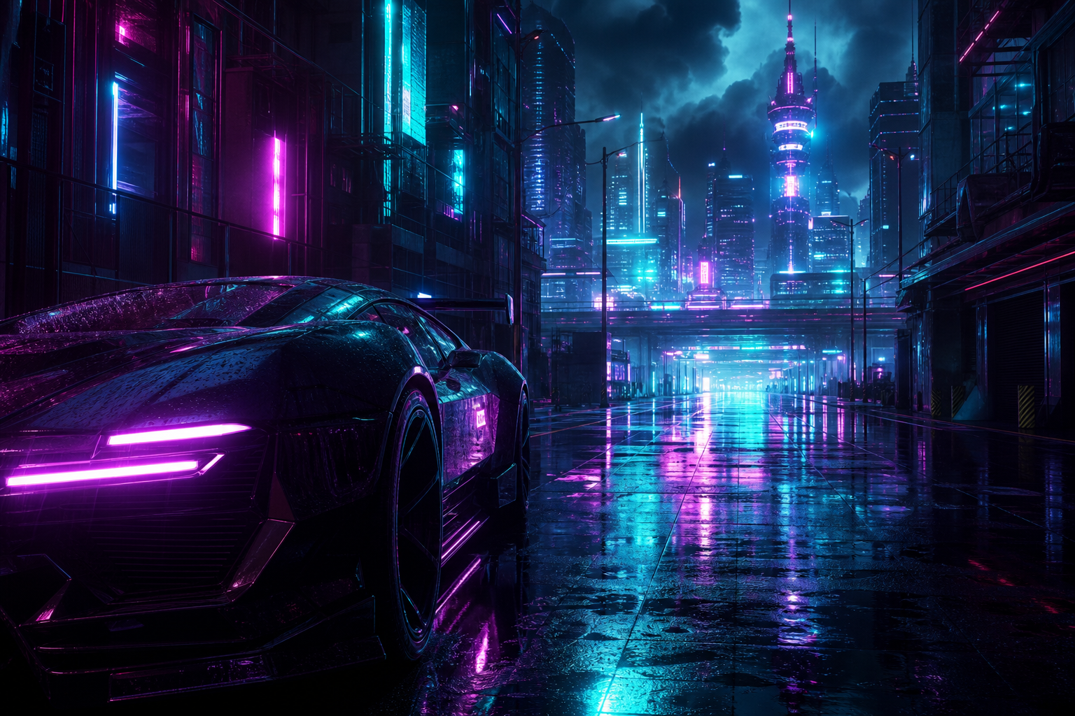 Rainy Neon Alley With Reflections Cyberpunk Wallpaper  4 4K