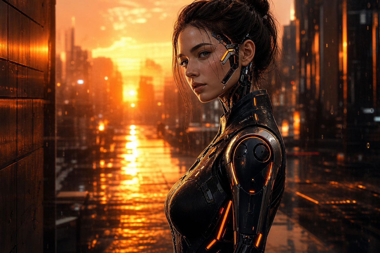 Rainy Neon Alley With Reflections Female-Androids Wallpaper  4 4K