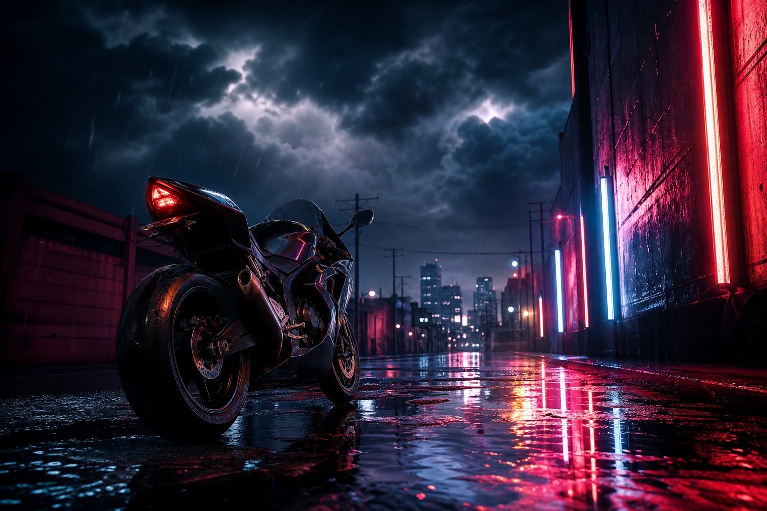 Rainy Neon Alley With Reflections Motorcycles Wallpaper  4 4K