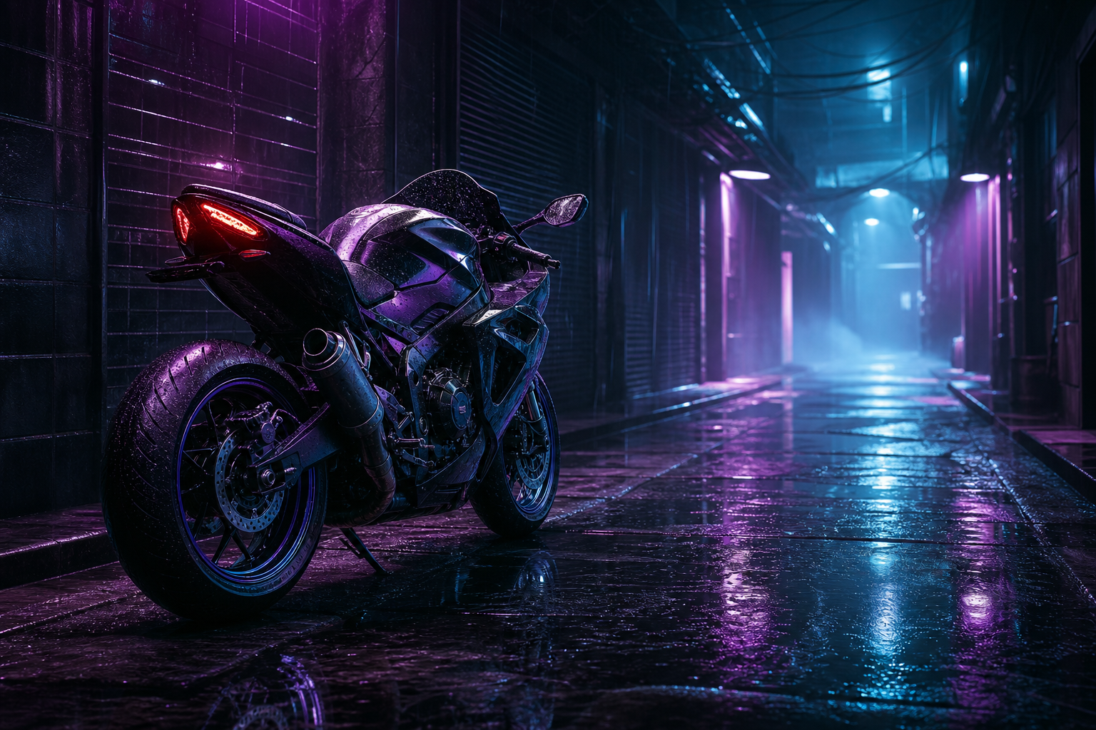 Rainy Neon Alley With Reflections Motorcycles Wallpaper  4 4K