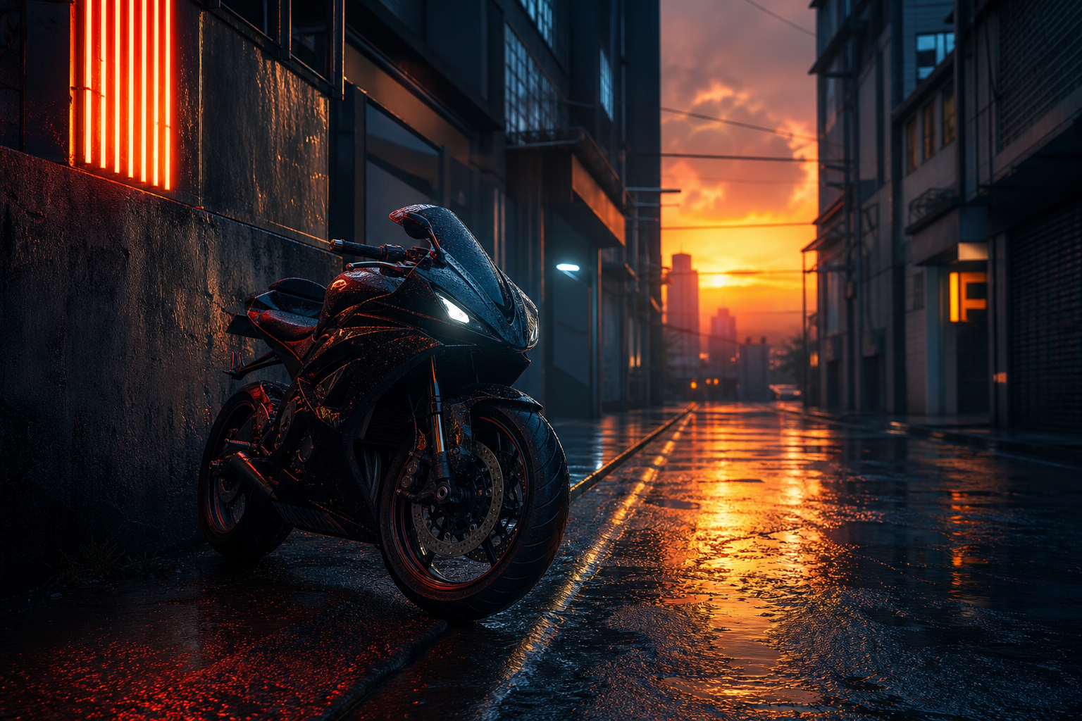 Rainy Neon Alley With Reflections Motorcycles Wallpaper  4 4K