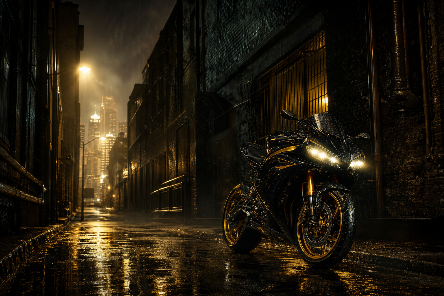 Rainy Neon Alley With Reflections Motorcycles Wallpaper  4 4K