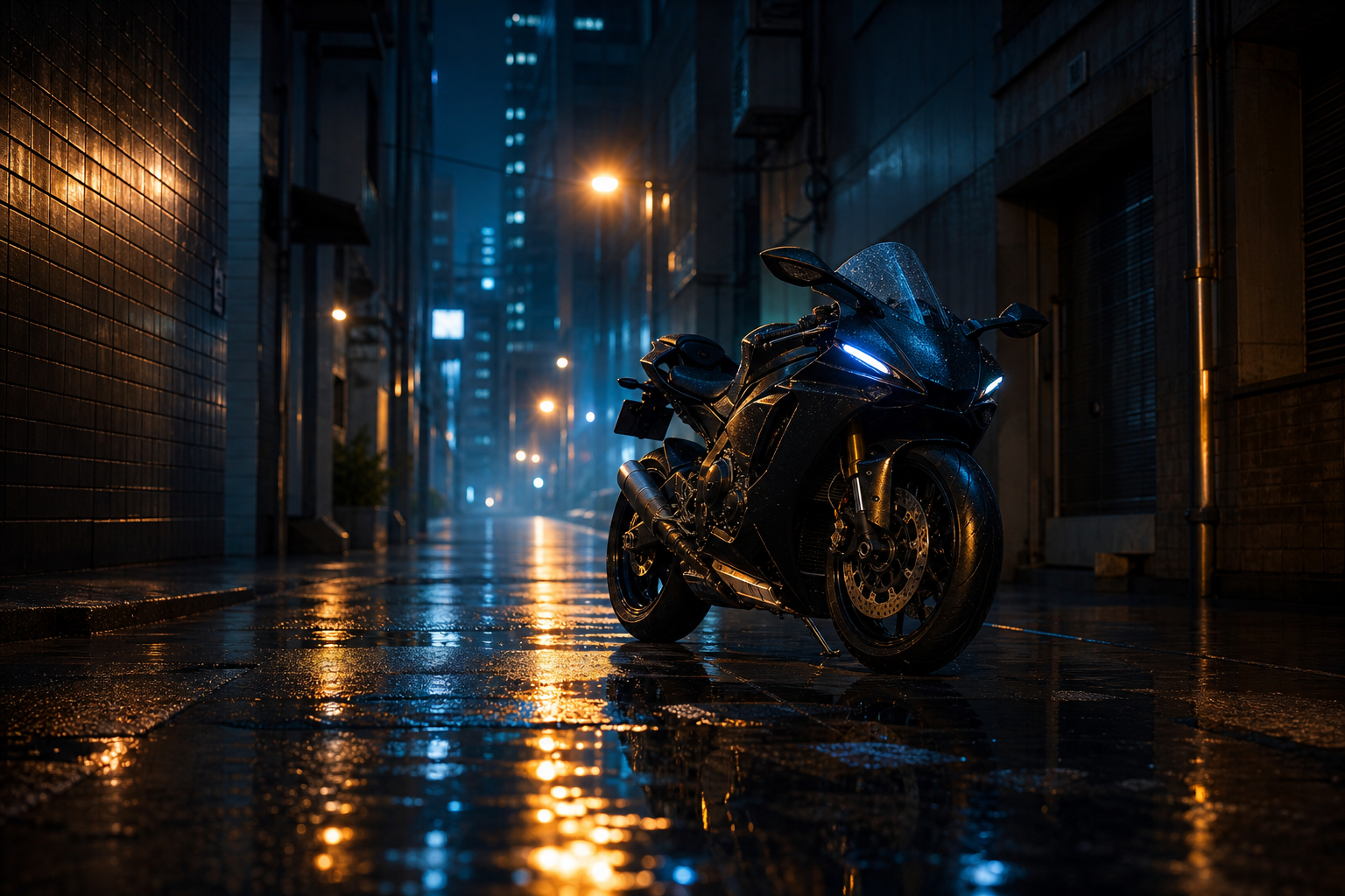 Rainy Neon Alley With Reflections Motorcycles Wallpaper  4 4K