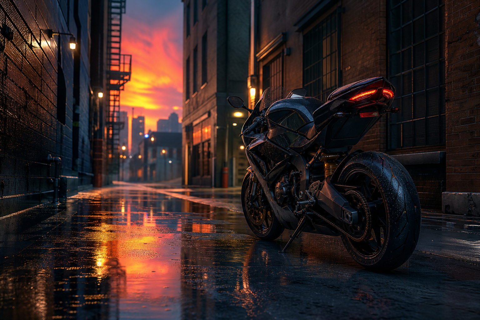 Rainy Neon Alley With Reflections Motorcycles Wallpaper  4 4K