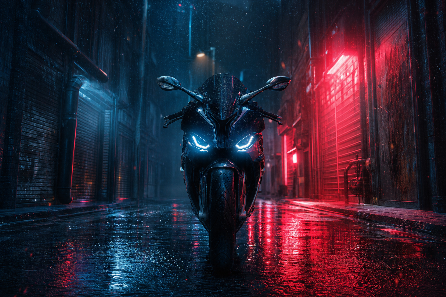 Rainy Neon Alley With Reflections Motorcycles Wallpaper  4 4K
