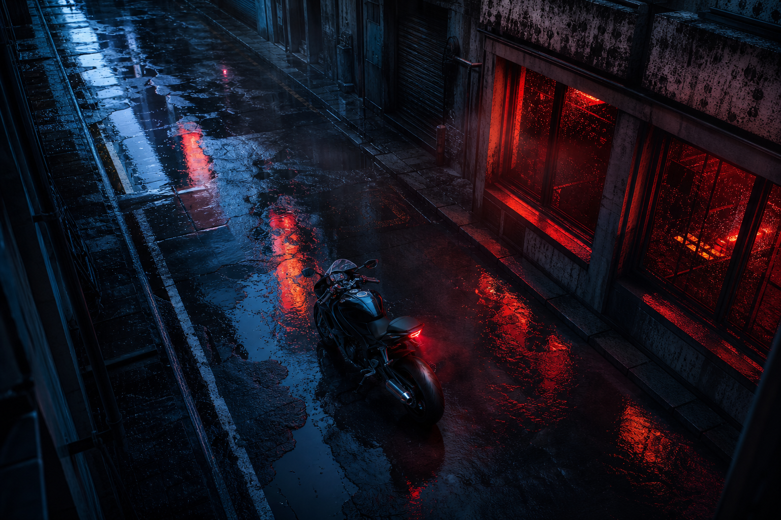 Rainy Neon Alley With Reflections Motorcycles Wallpaper  4 4K