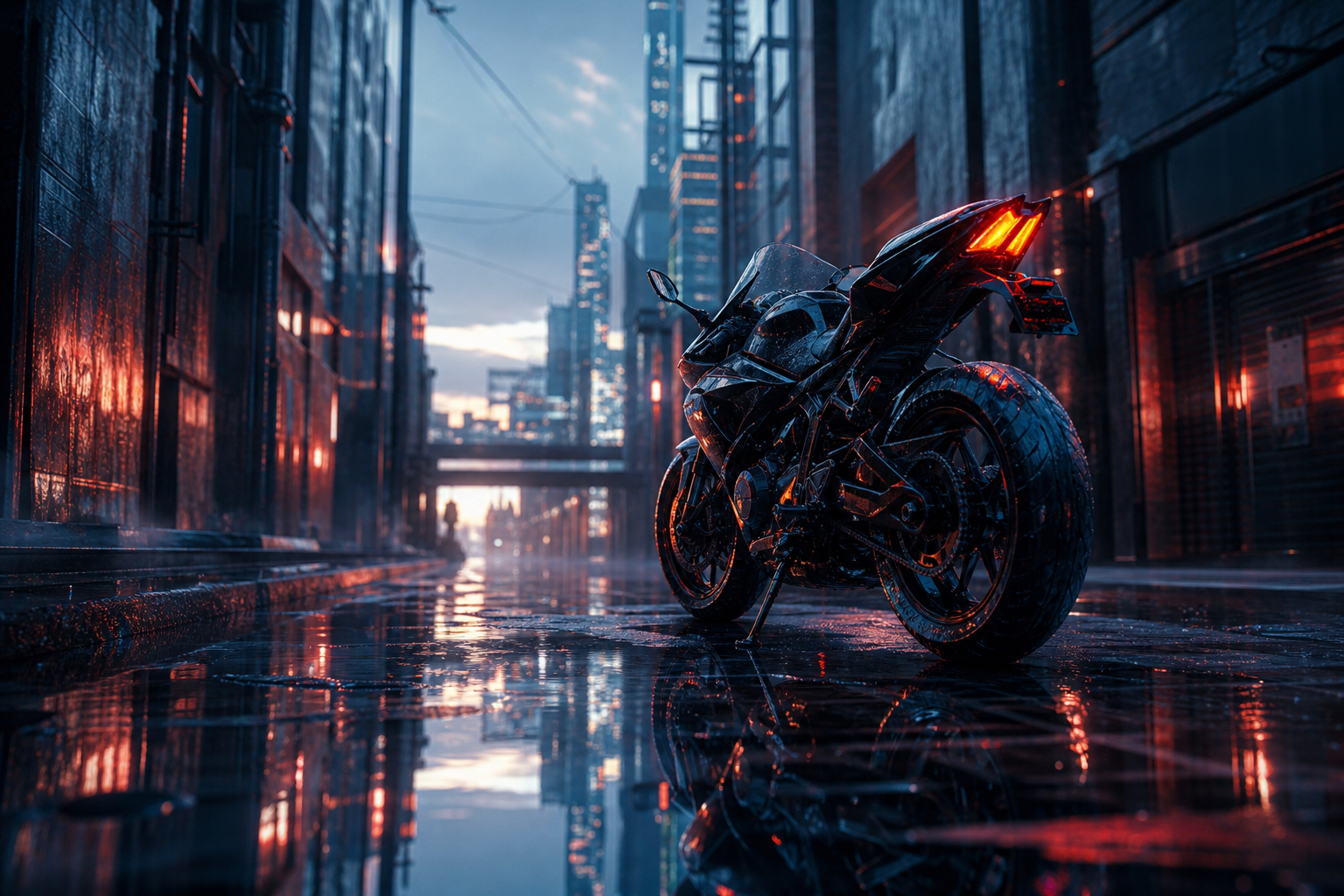 Rainy Neon Alley With Reflections Motorcycles Wallpaper  4 4K