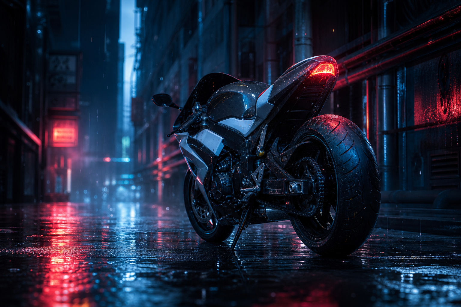 Rainy Neon Alley With Reflections Motorcycles Wallpaper  4 4K