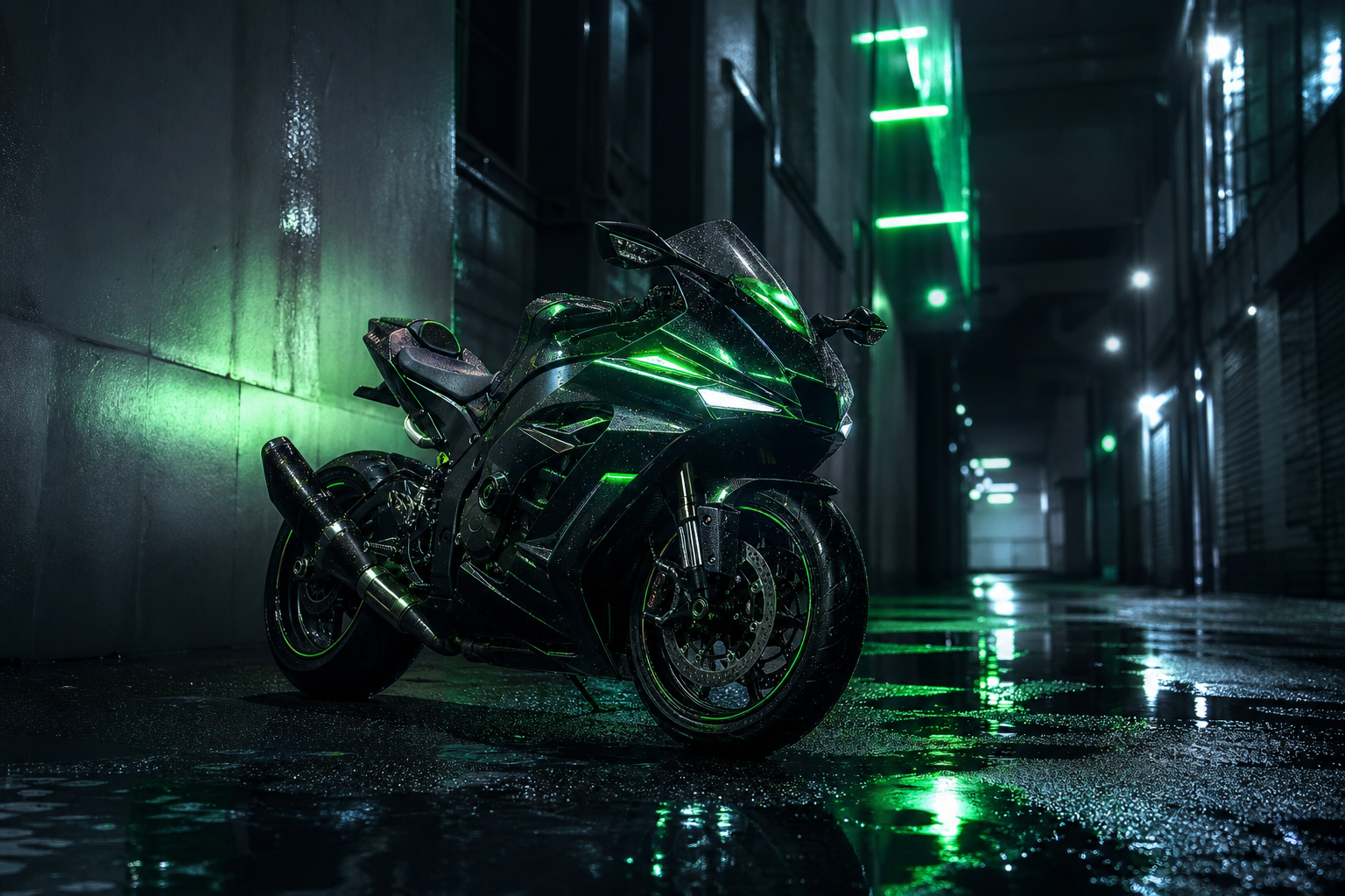 Rainy Neon Alley With Reflections Motorcycles Wallpaper  4 4K
