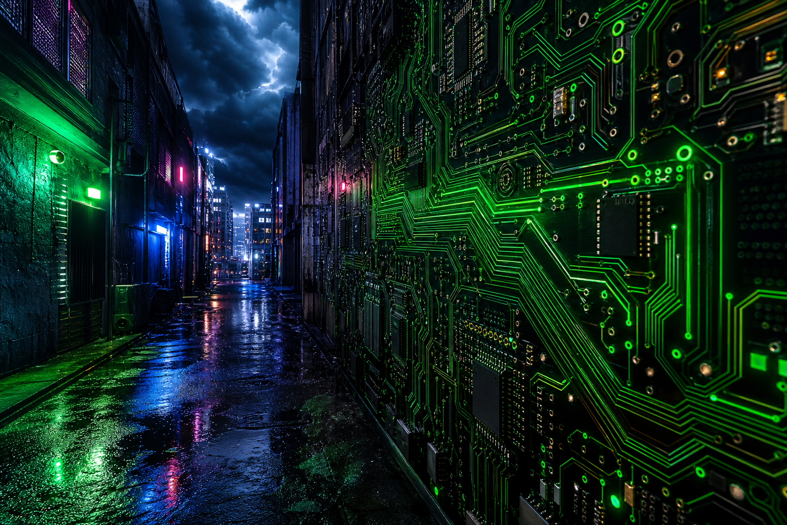 Rainy Neon Alley With Reflections Pcb-Design Wallpaper  4 4K
