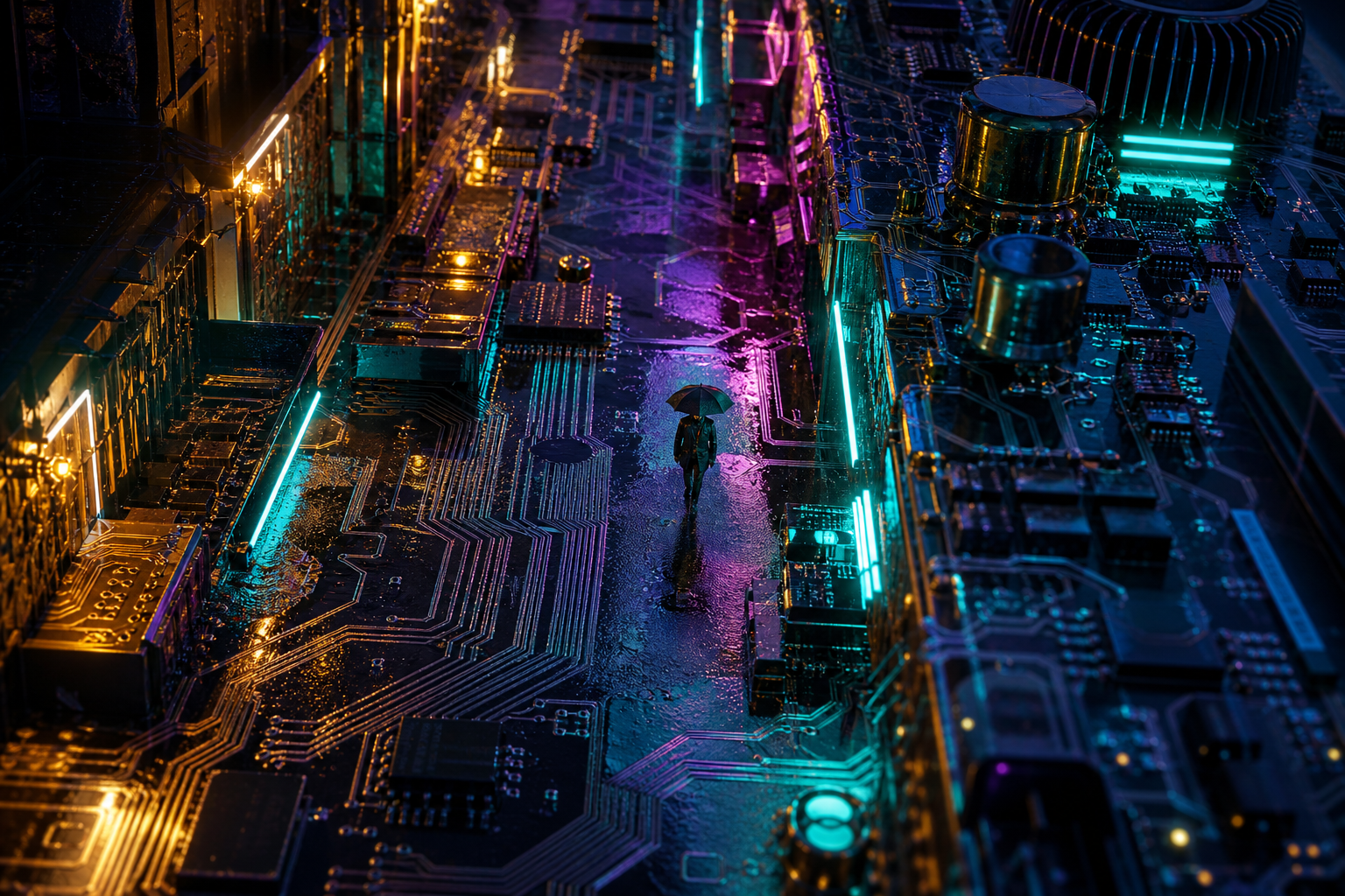 Rainy Neon Alley With Reflections Pcb-Design Wallpaper  4 4K